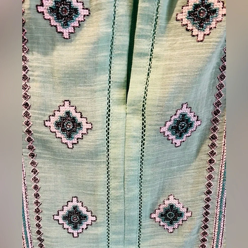 Tory Burch Green Lucille Beaded Bohemian Tunic Top Shirt